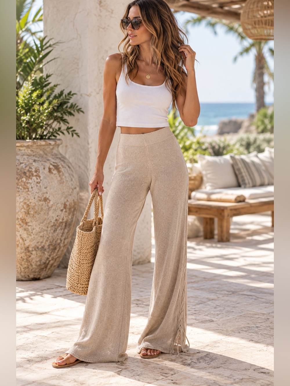 Zara Beige Knit High Rise Flare Pants Small Beach Cover Up